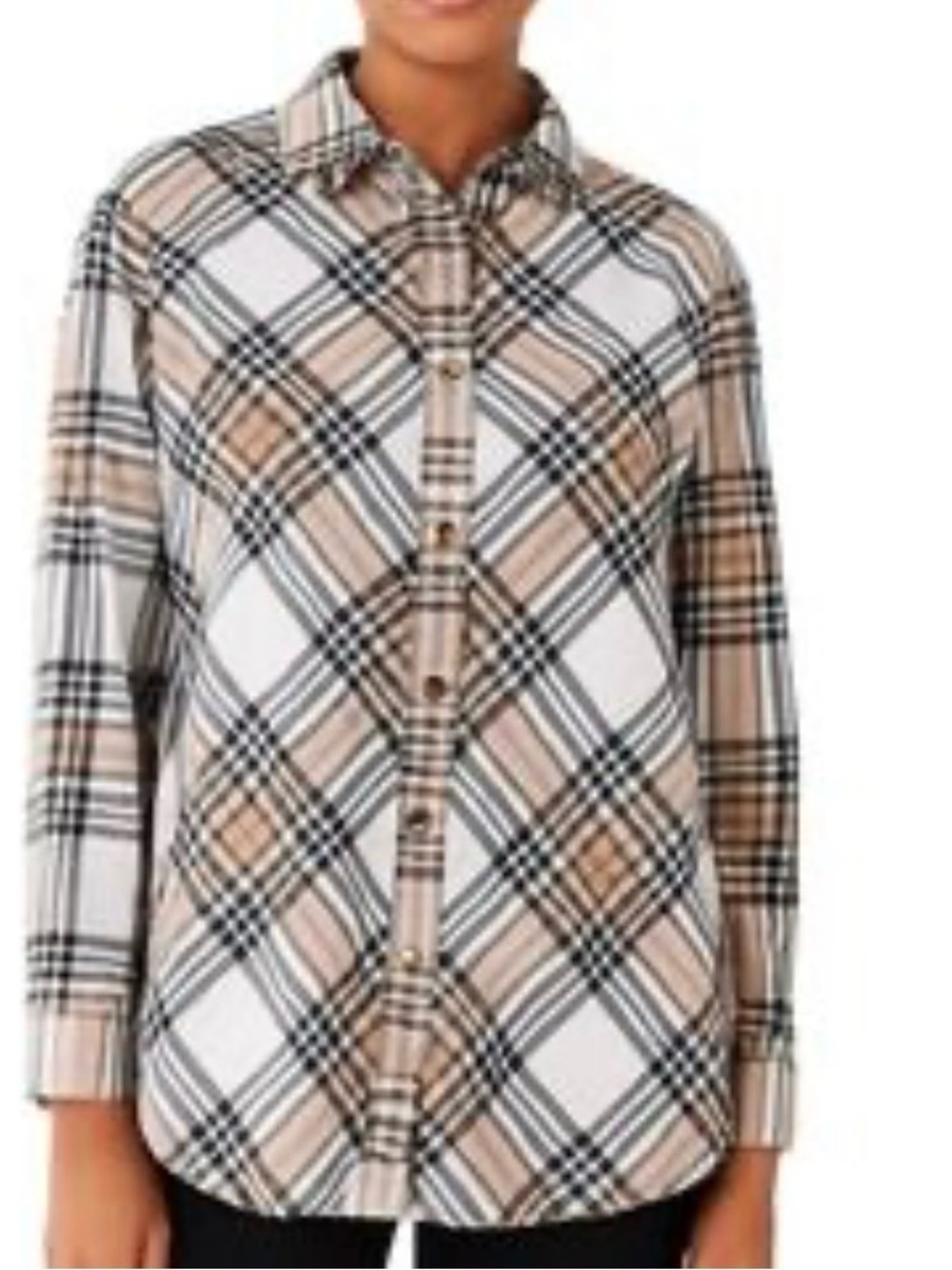 Foxcroft Plaid Button-Down Shirt in Beige and White sz 11